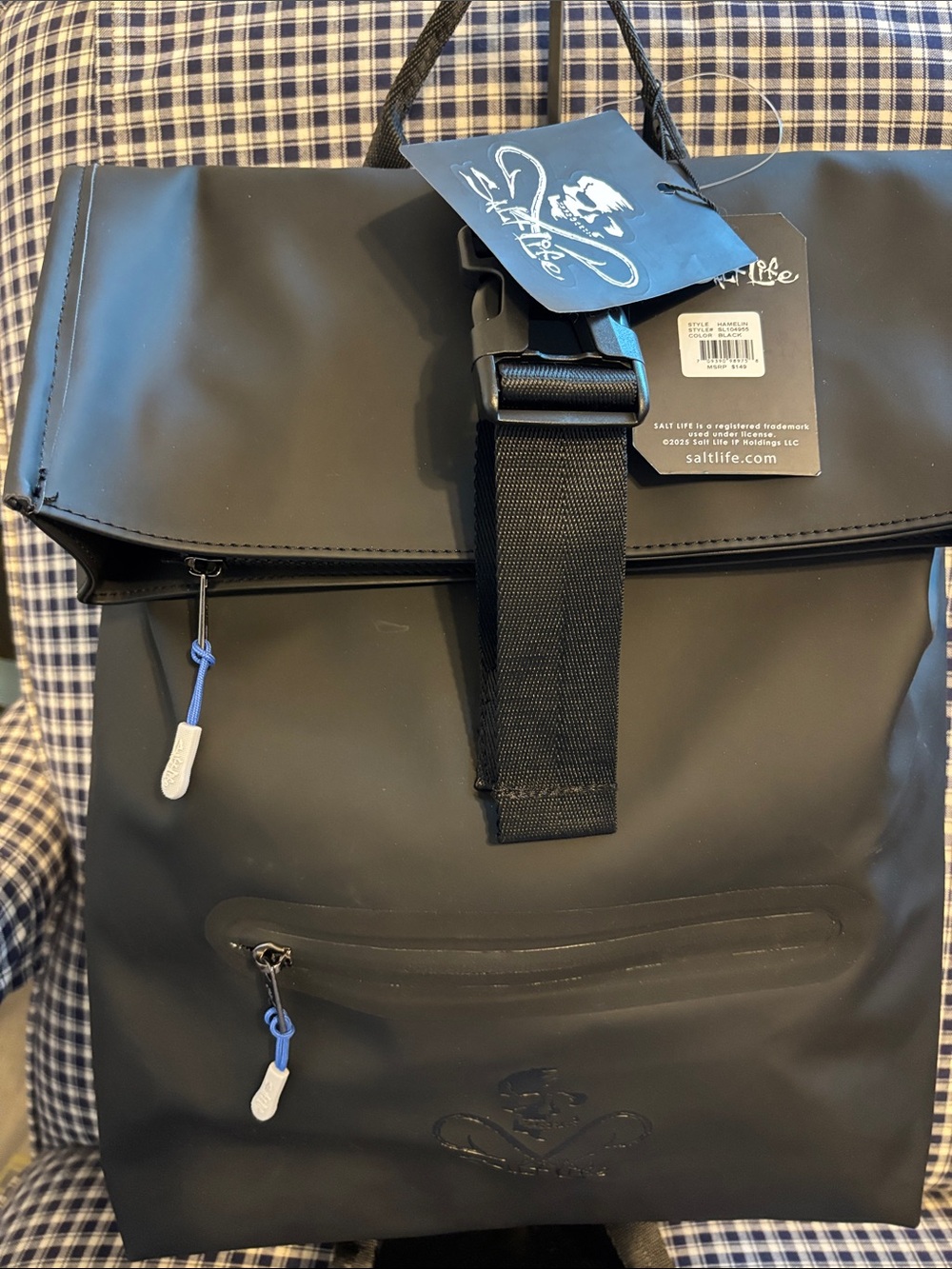 Salt Life Matte Black Roll-Top Backpack with Blue Pulls